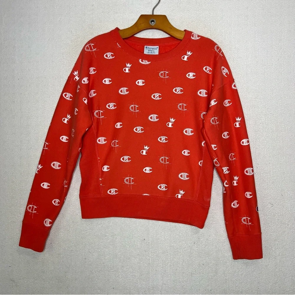 Champion Reverse Weave Orange All over Logo Print Sweatshirt Size S